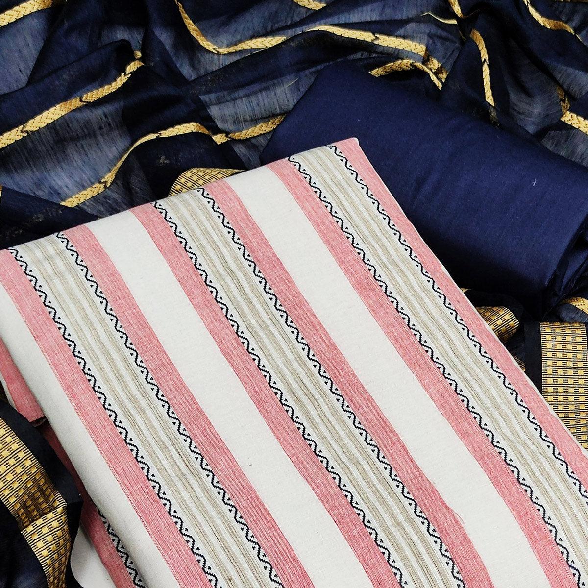 White & Pink Casual Wear Printed Banarasi Silk Jacquard Dress Material - Peachmode