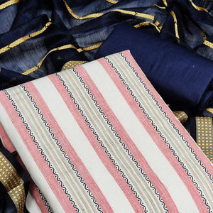 White & Pink Casual Wear Printed Banarasi Silk Jacquard Dress Material - Peachmode