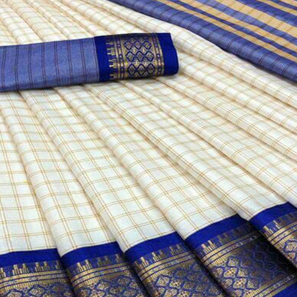 White & Royal Blue Checks With Woven Border Cotton Silk Saree - Peachmode