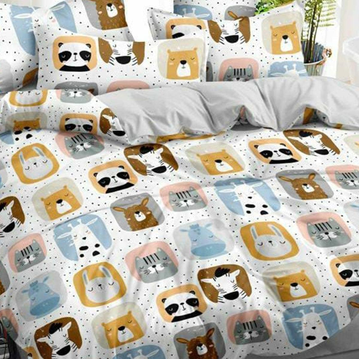 White Animal Printed Kids Bedsheet With Pillow Cover - Peachmode