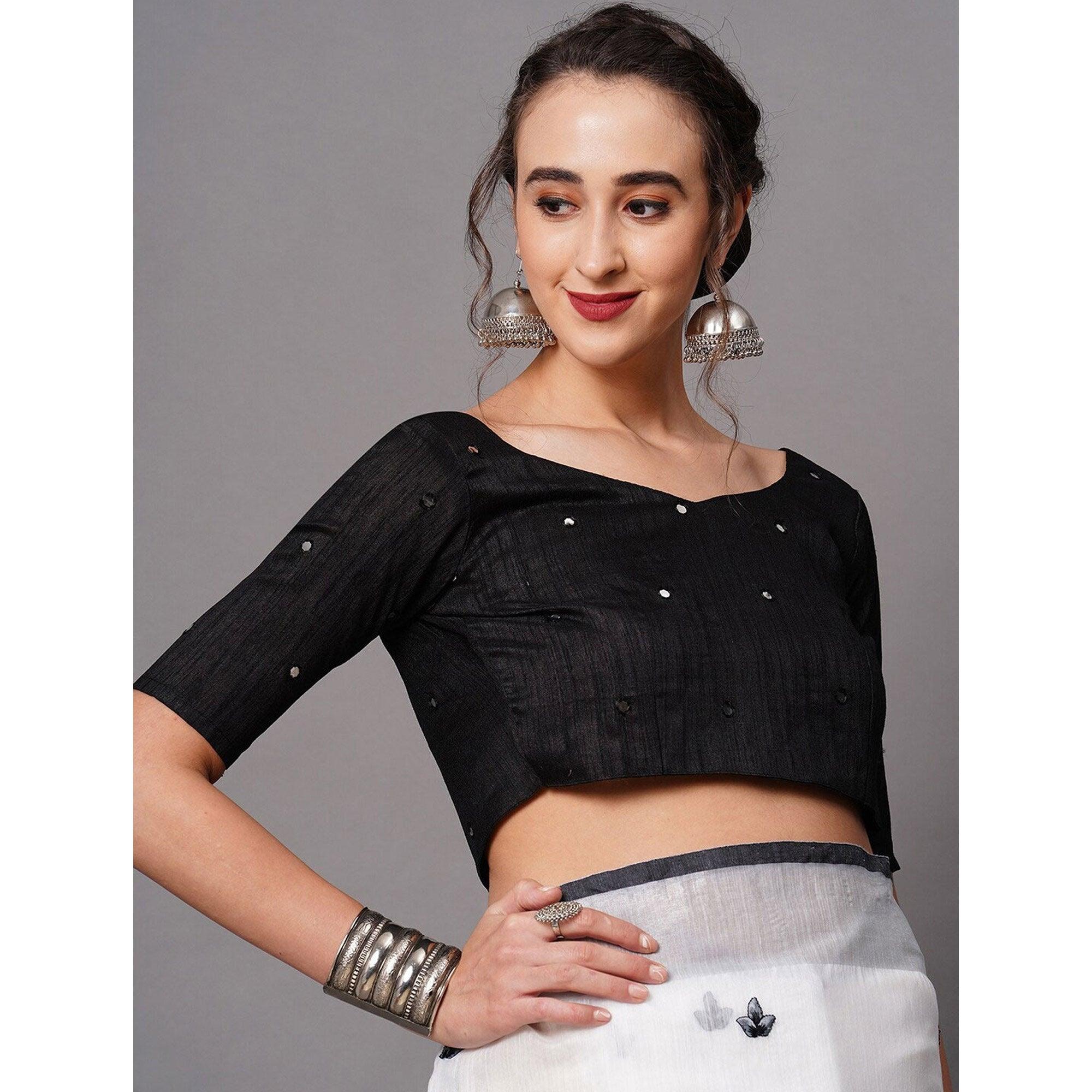 White - Black Casual Wear Embroidered Linen Saree With Tassels - Peachmode