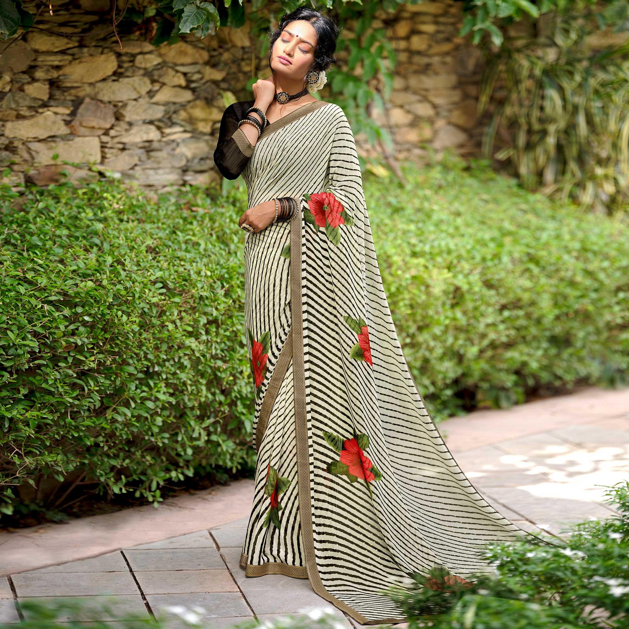White-Black Casual Wear Floral With Striped Printed Georgette Saree - Peachmode