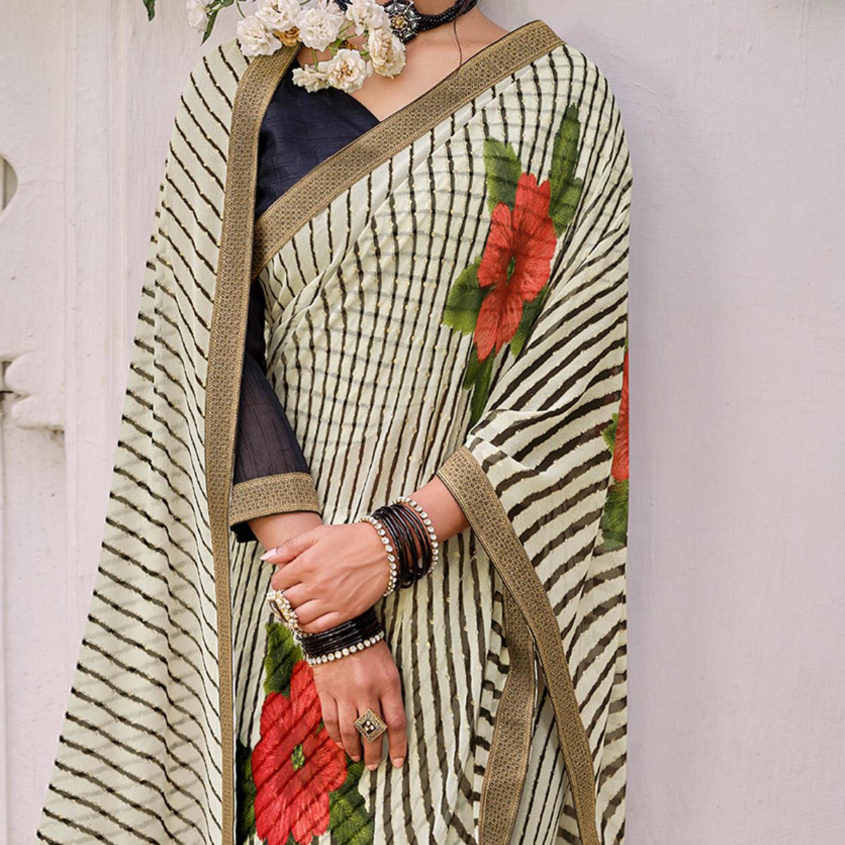 White-Black Casual Wear Floral With Striped Printed Georgette Saree - Peachmode