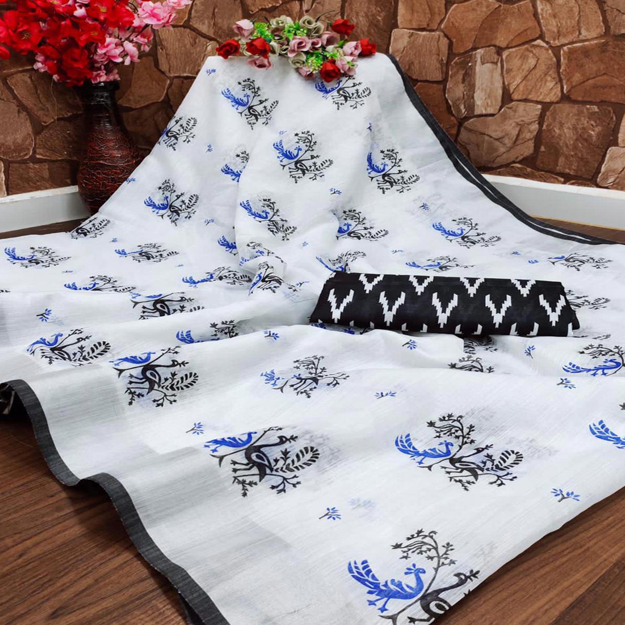 White - Black Casual Wear Peacock Printed Linen Saree - Peachmode