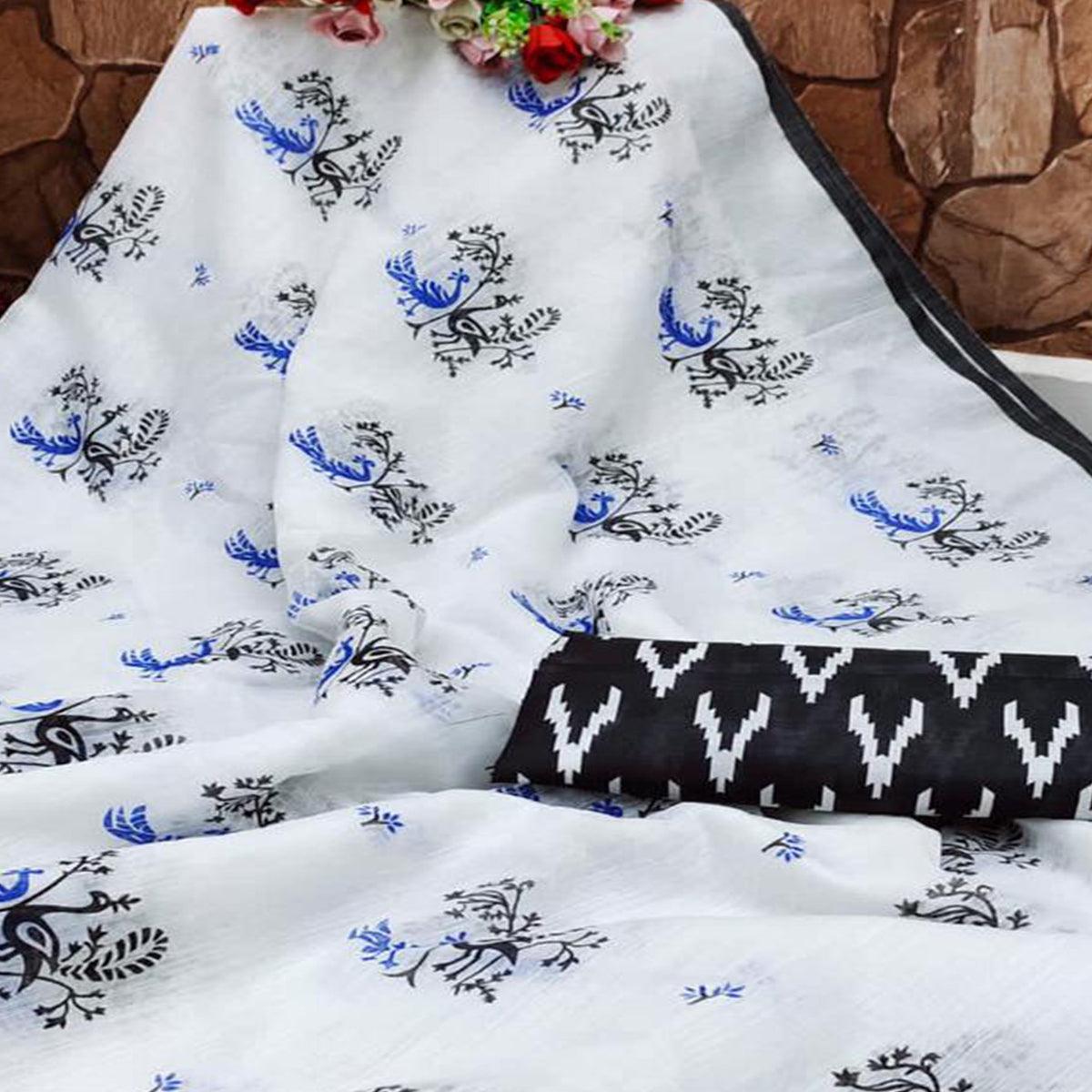 White - Black Casual Wear Peacock Printed Linen Saree - Peachmode