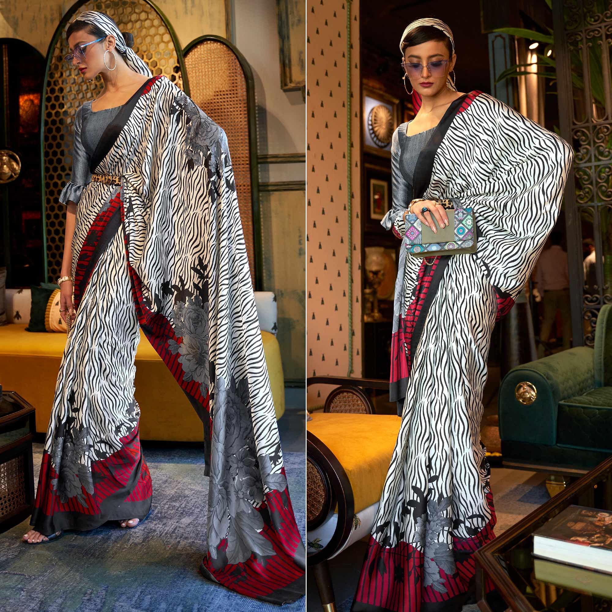 White-Black Casual Wear Printed Satin Silk Saree - Peachmode