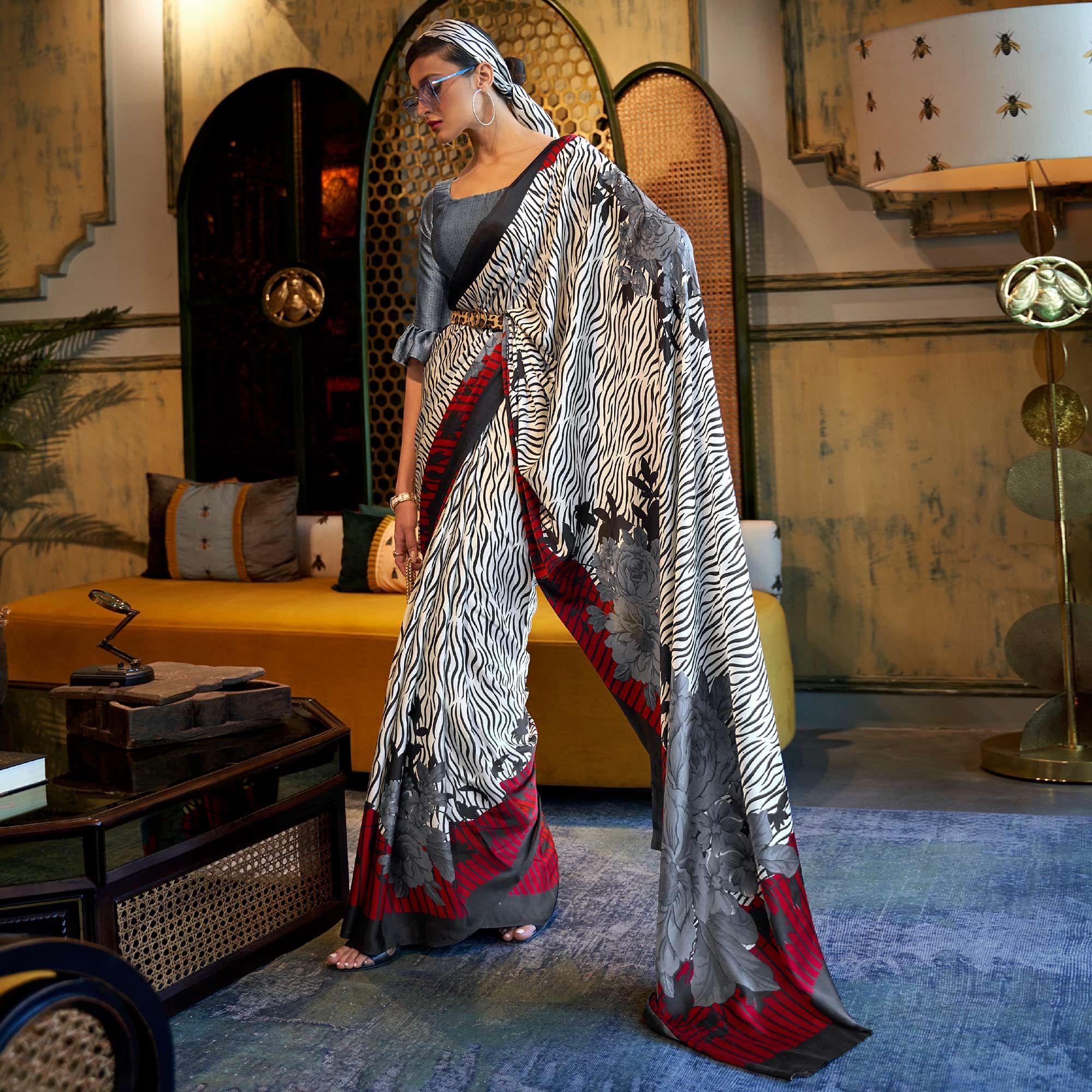 White-Black Casual Wear Printed Satin Silk Saree - Peachmode