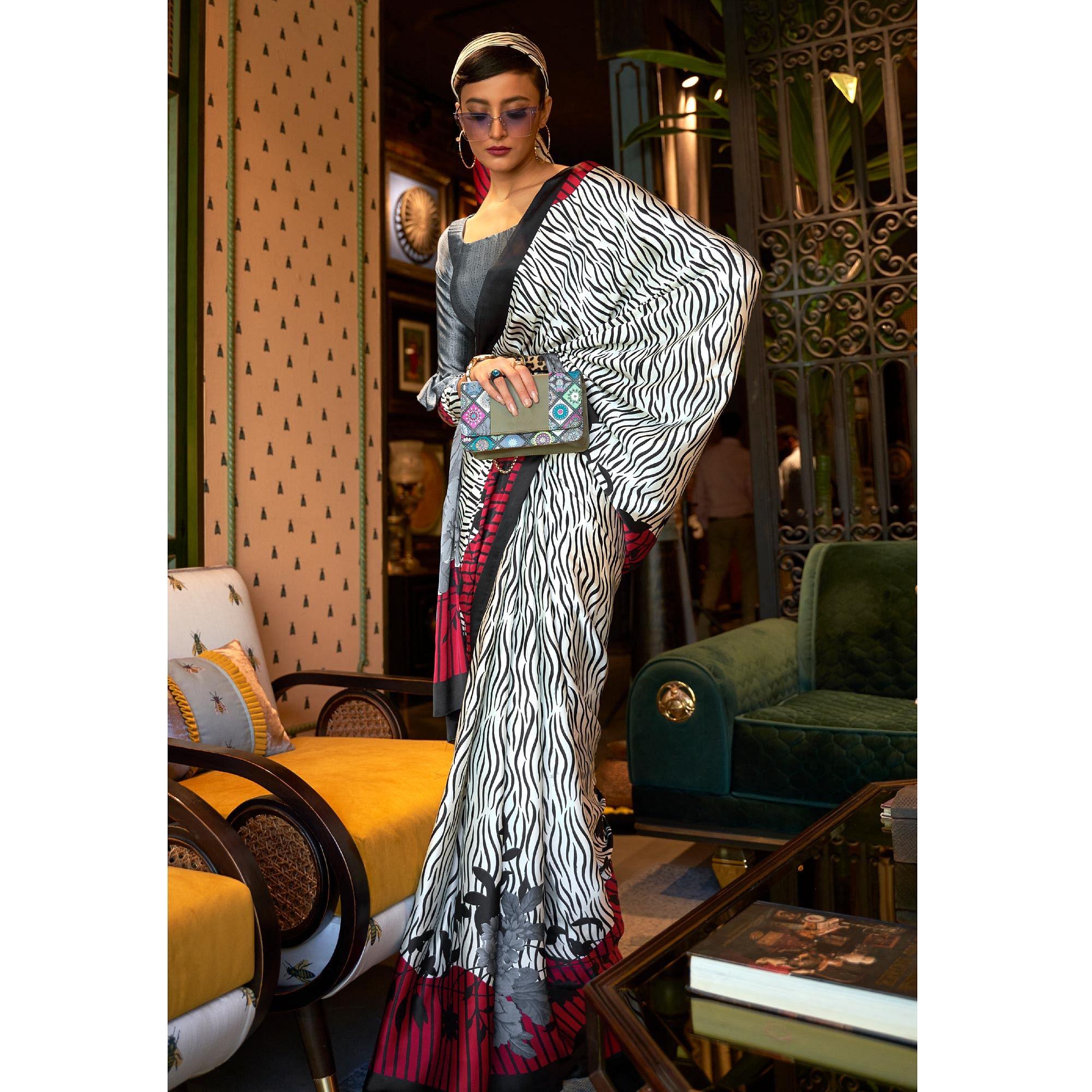 White-Black Casual Wear Printed Satin Silk Saree - Peachmode