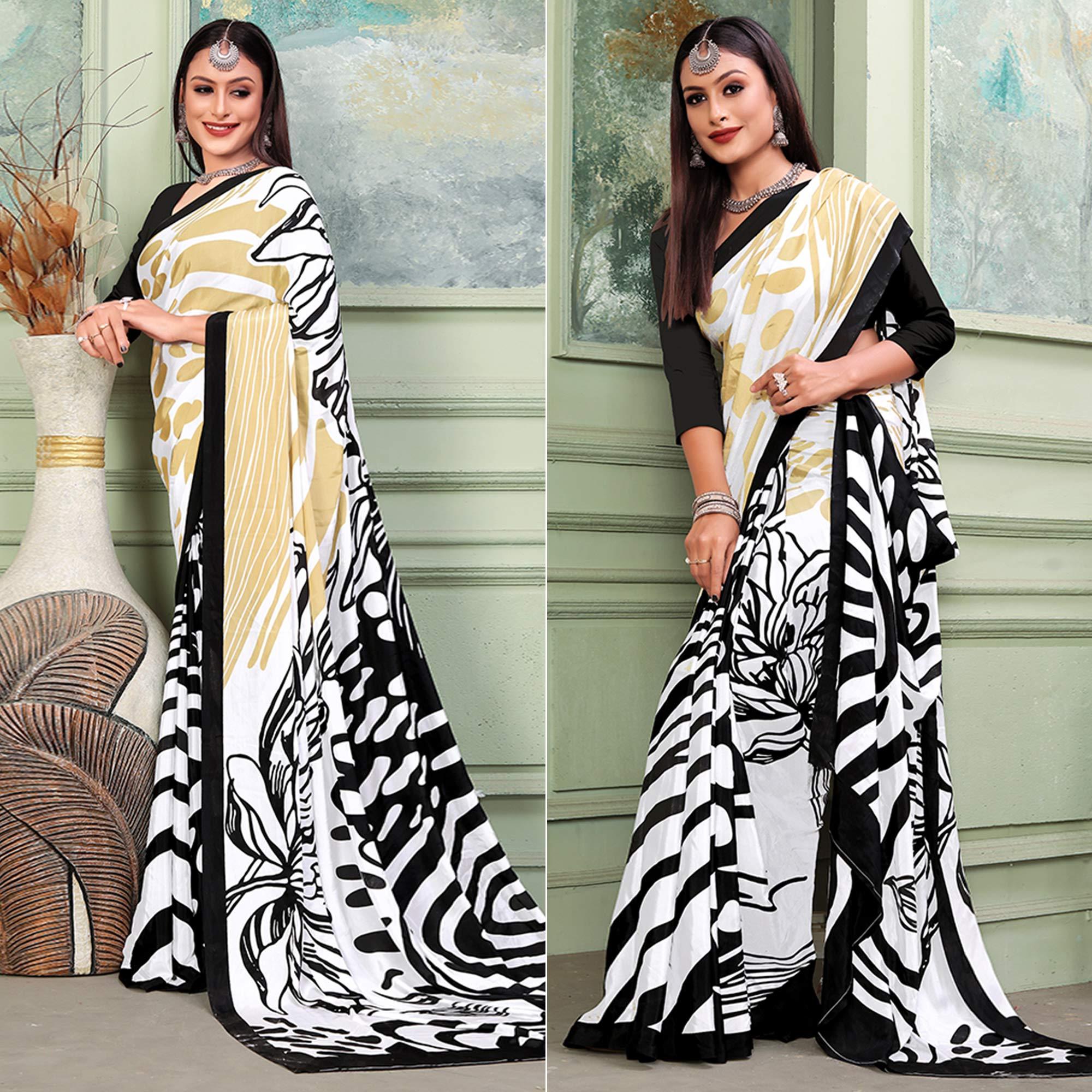 White-Black Printed Raw Silk Saree - Peachmode