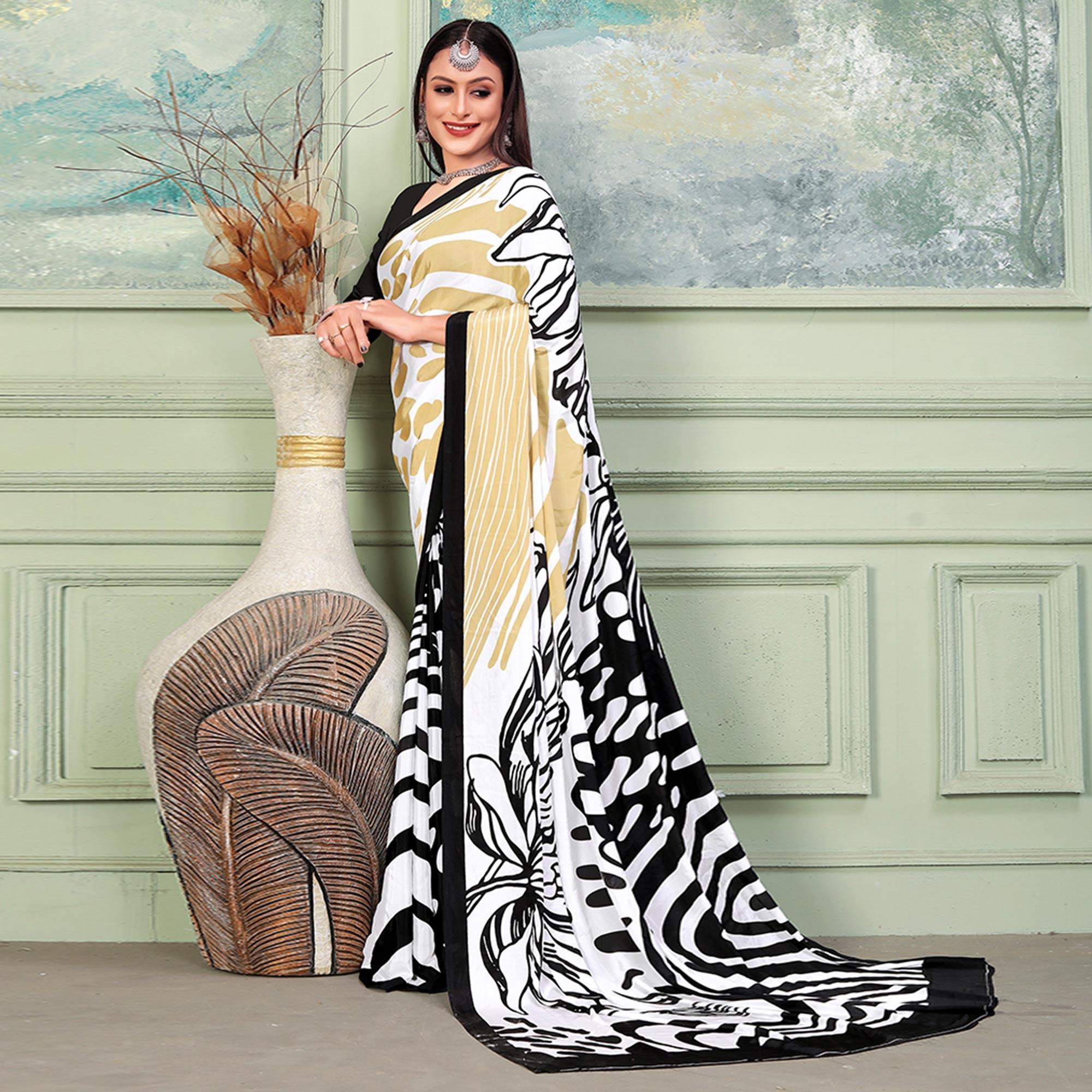White-Black Printed Raw Silk Saree - Peachmode