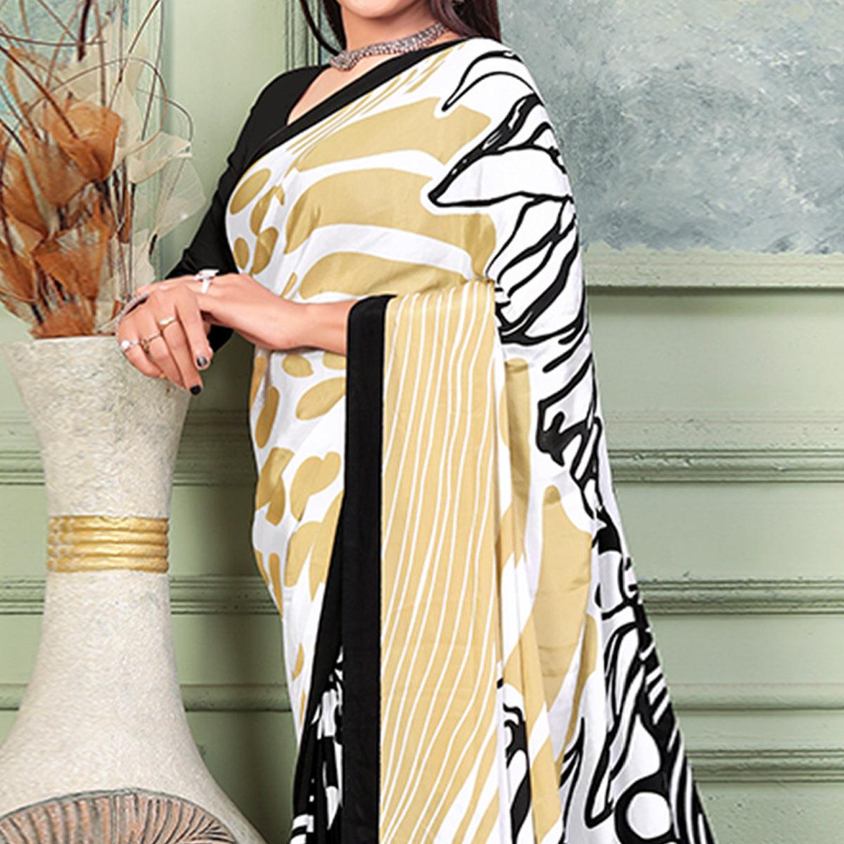 White-Black Printed Raw Silk Saree - Peachmode
