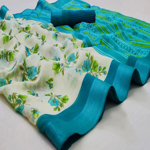 White-Blue Casual Wear Floral Mill Printed Cotton Saree With Zari Border - Peachmode