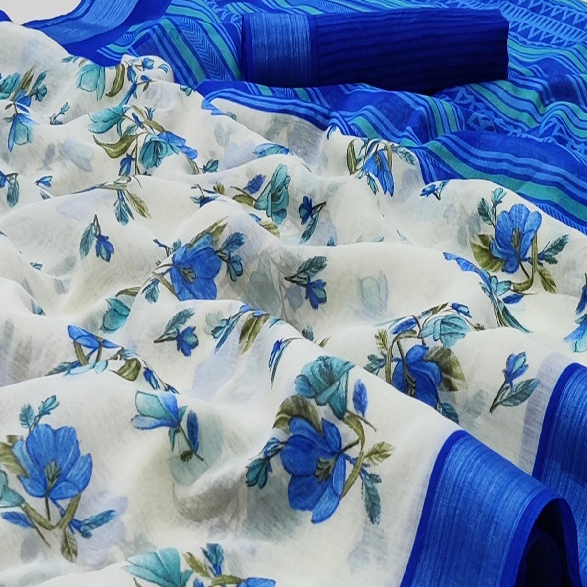 White-Blue Casual Wear Floral Mill Printed Cotton Saree With Zari Border - Peachmode