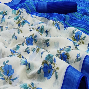 White-Blue Casual Wear Floral Mill Printed Cotton Saree With Zari Border - Peachmode