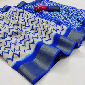White-Blue Casual Wear Printed Cotton Saree With Jari Border - Peachmode