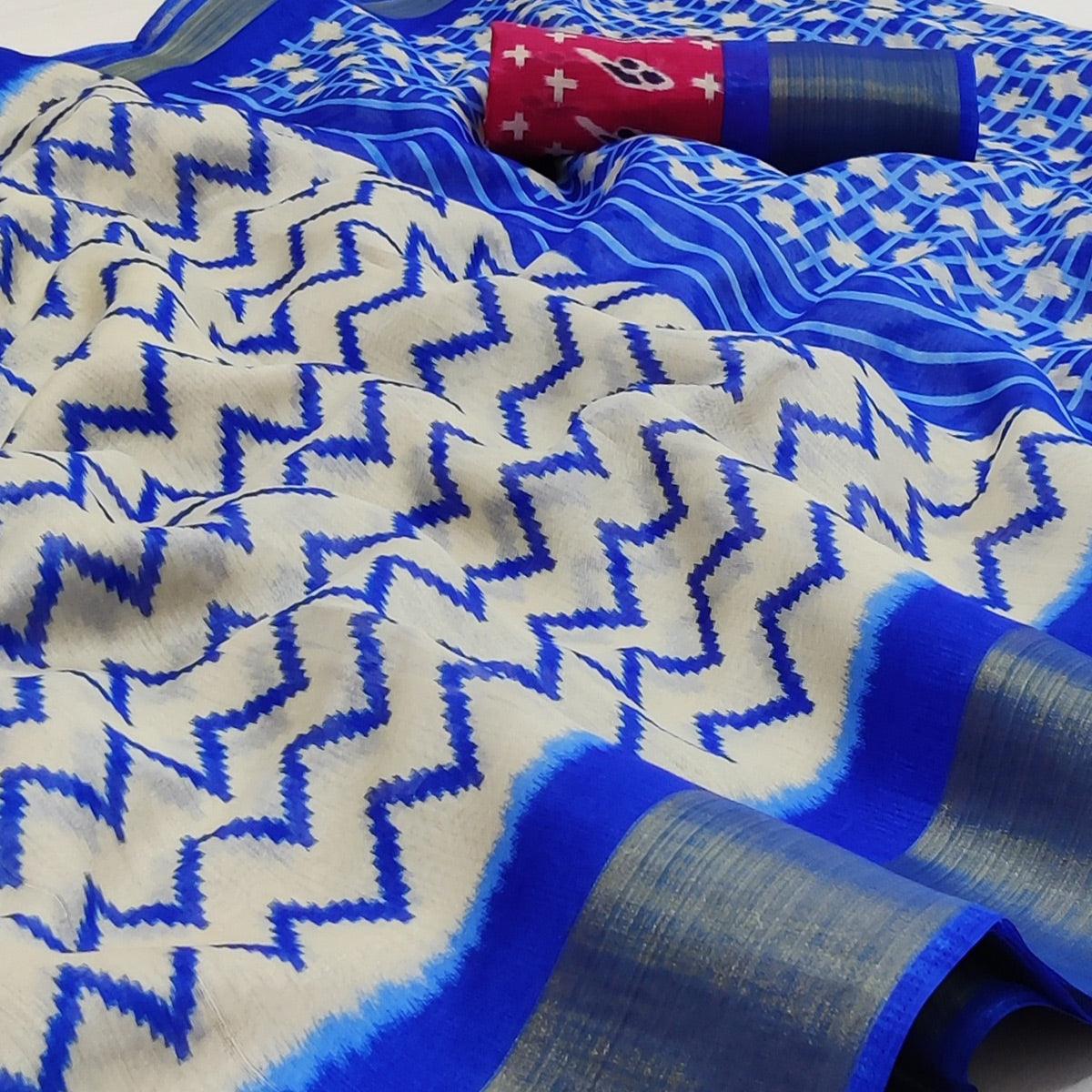 White-Blue Casual Wear Printed Cotton Saree With Jari Border - Peachmode