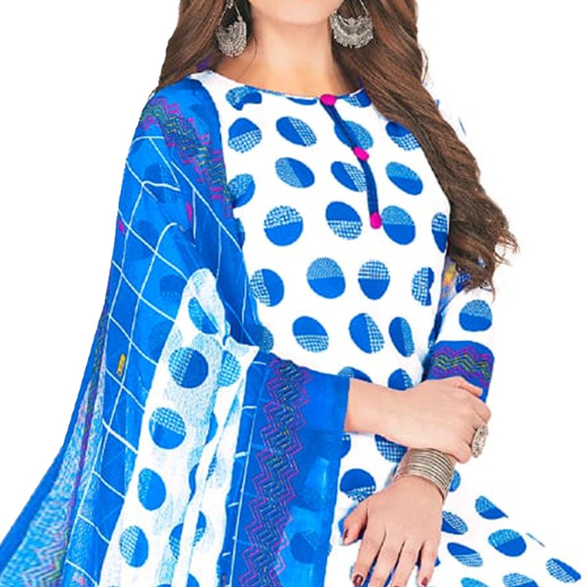 White - Blue Casual Wear Printed Poly Crepe Patiala Dress Material - Peachmode
