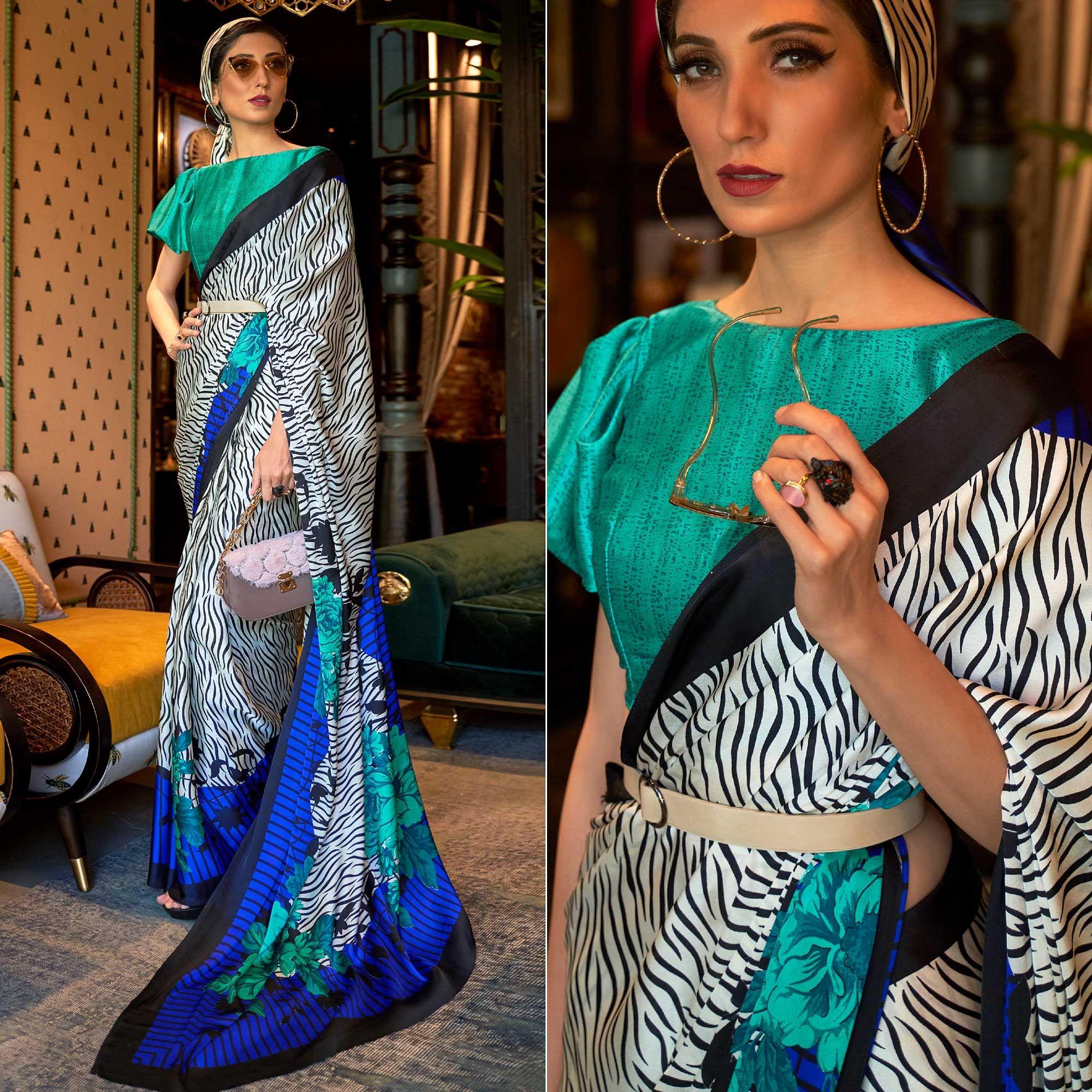 White-Blue Casual Wear Printed Satin Silk Saree - Peachmode