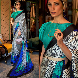 White-Blue Casual Wear Printed Satin Silk Saree - Peachmode