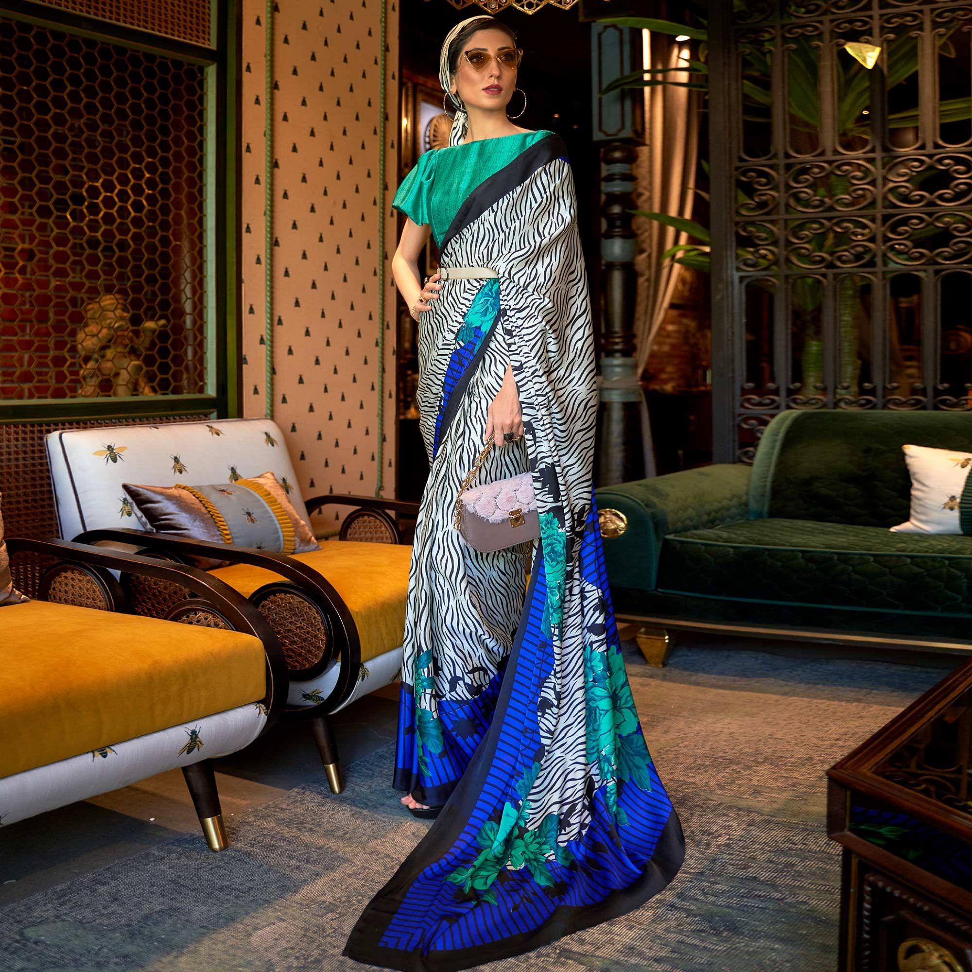 White-Blue Casual Wear Printed Satin Silk Saree - Peachmode