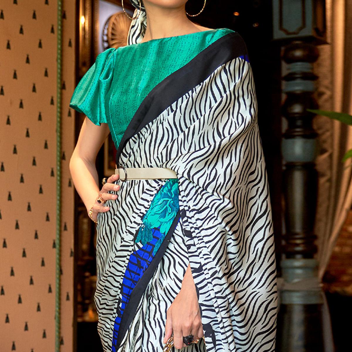 White-Blue Casual Wear Printed Satin Silk Saree - Peachmode