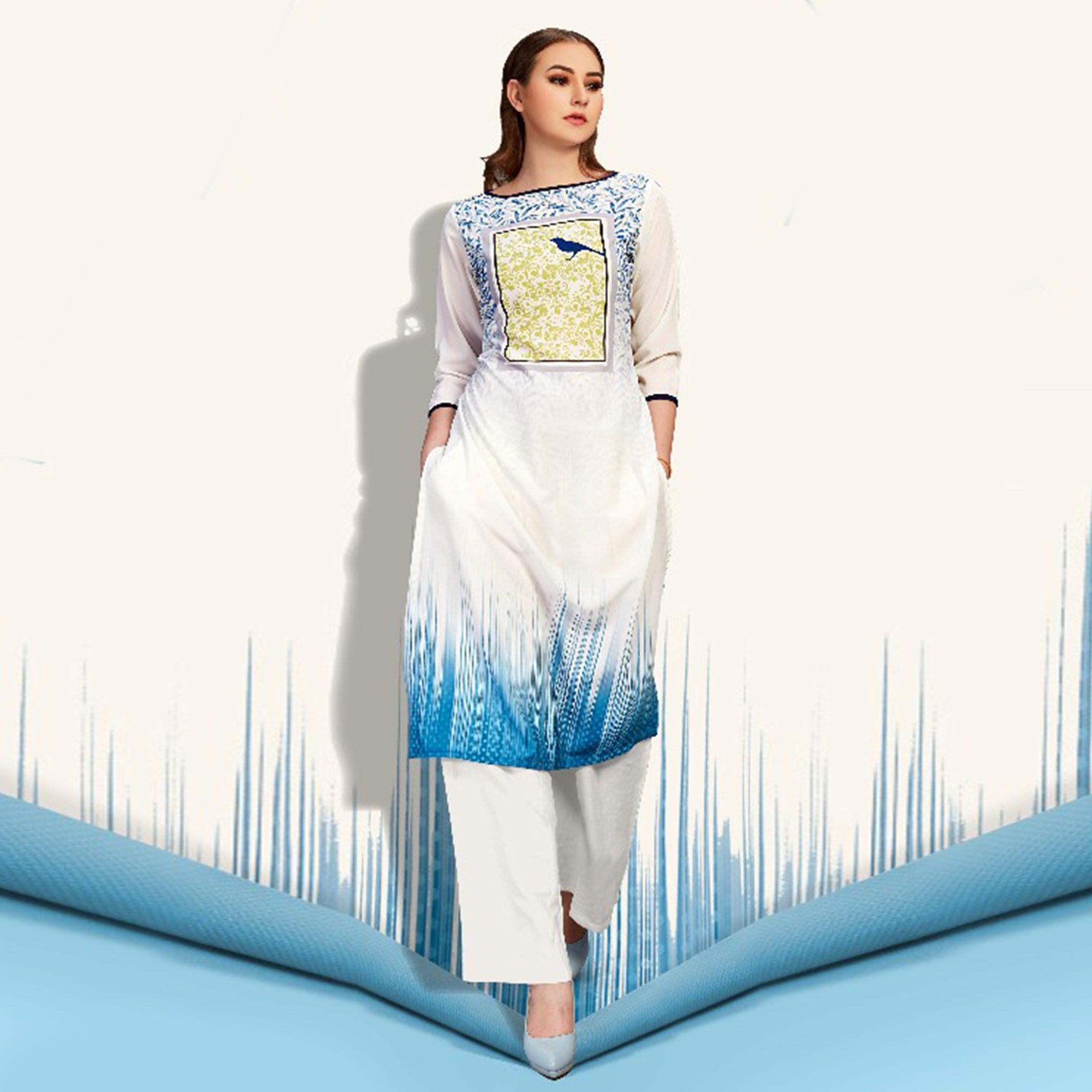 White-Blue Digital Printed Pure Cotton Kurti - Peachmode