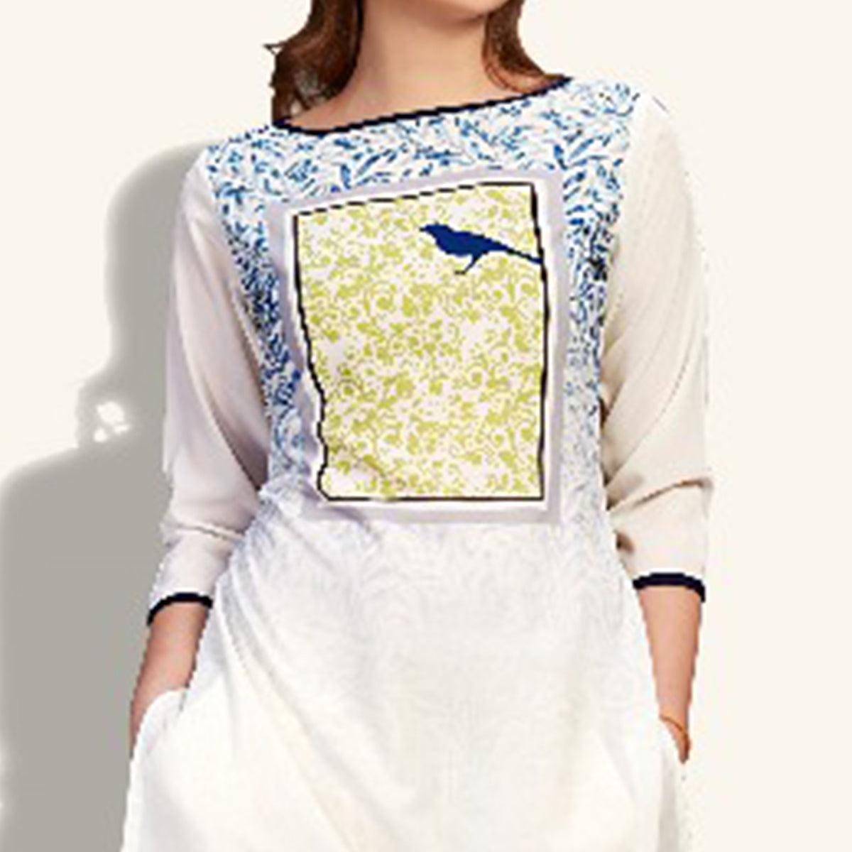 White-Blue Digital Printed Pure Cotton Kurti - Peachmode