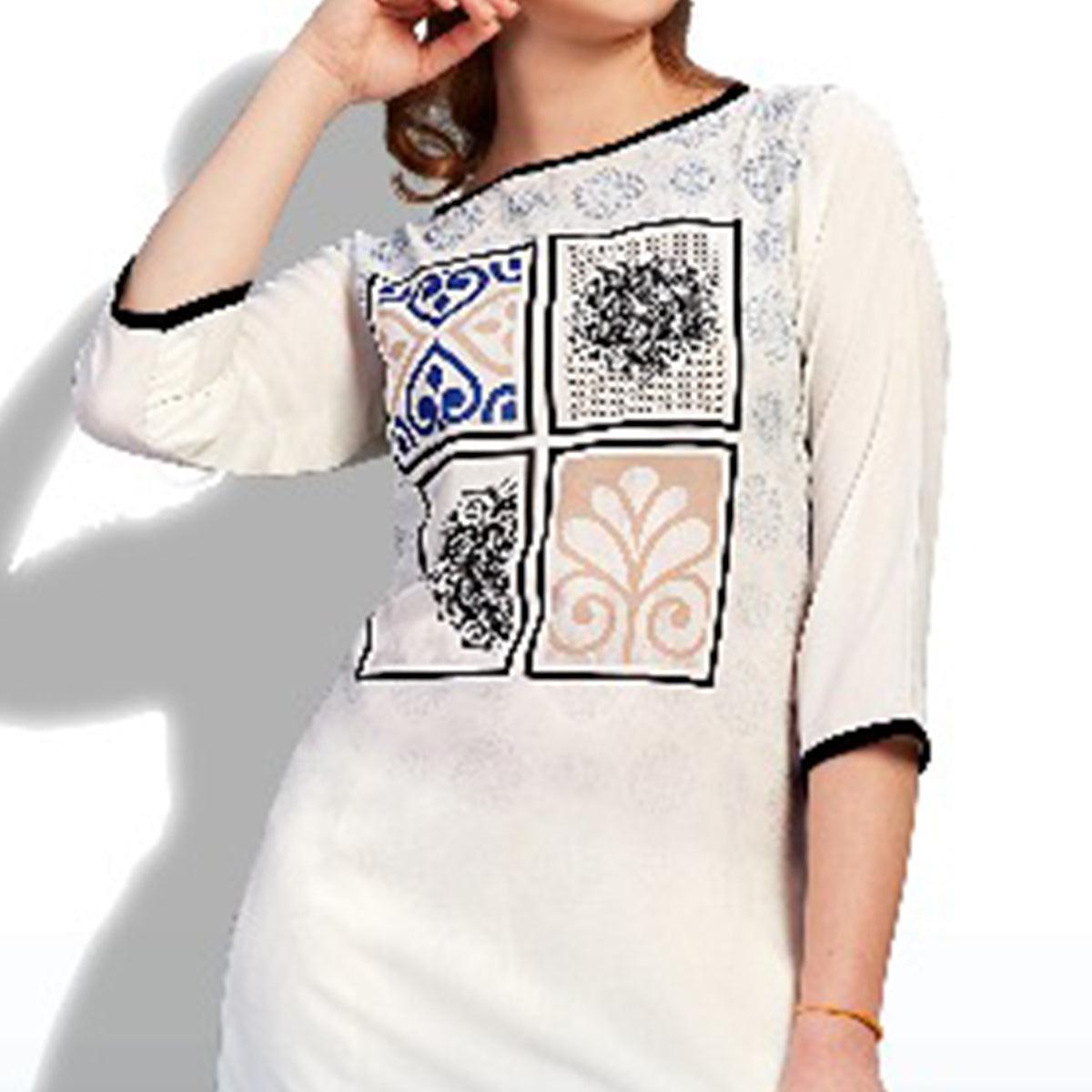 White-Blue Digital Printed Pure Cotton Kurti - Peachmode