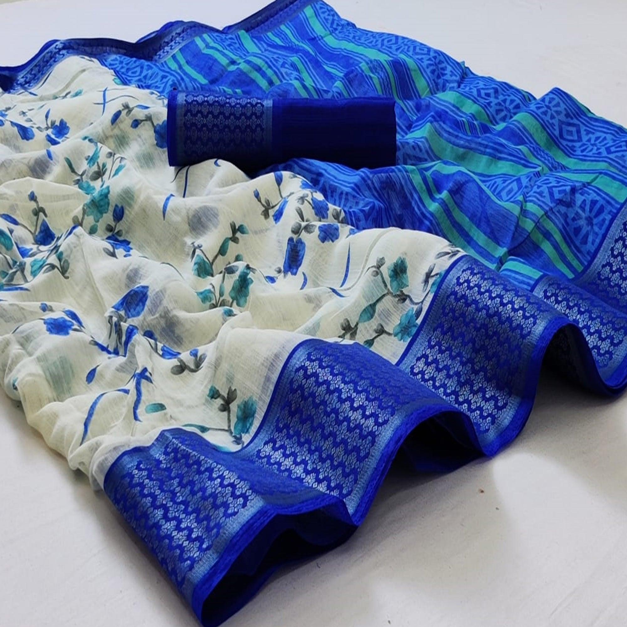 White-Blue Festive Wear Floral Printed Woven Border Cotton Saree - Peachmode