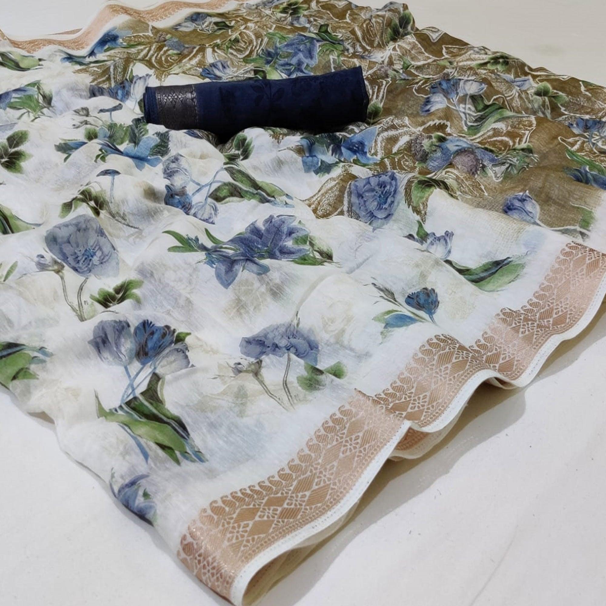 White-Blue Festive Wear Floral Printed Woven Border Cotton Saree - Peachmode