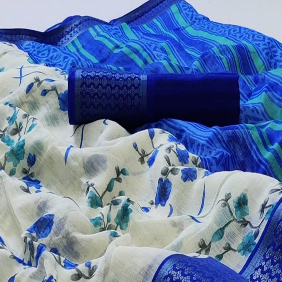 White-Blue Festive Wear Floral Printed Woven Border Cotton Saree - Peachmode