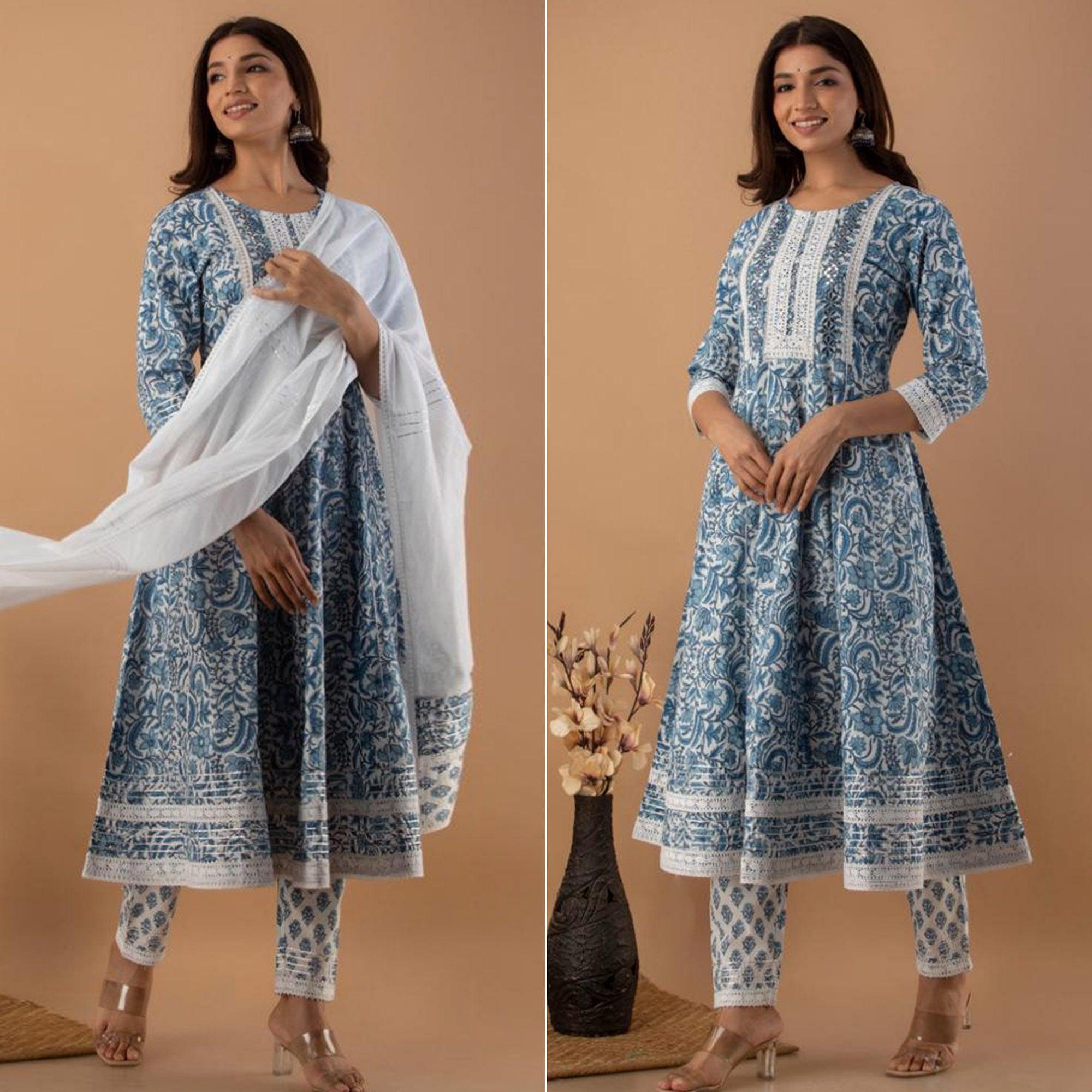 White-Blue Floral Printed Cotton Anarkali Suit - Peachmode