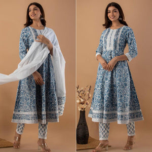 White-Blue Floral Printed Cotton Anarkali Suit - Peachmode