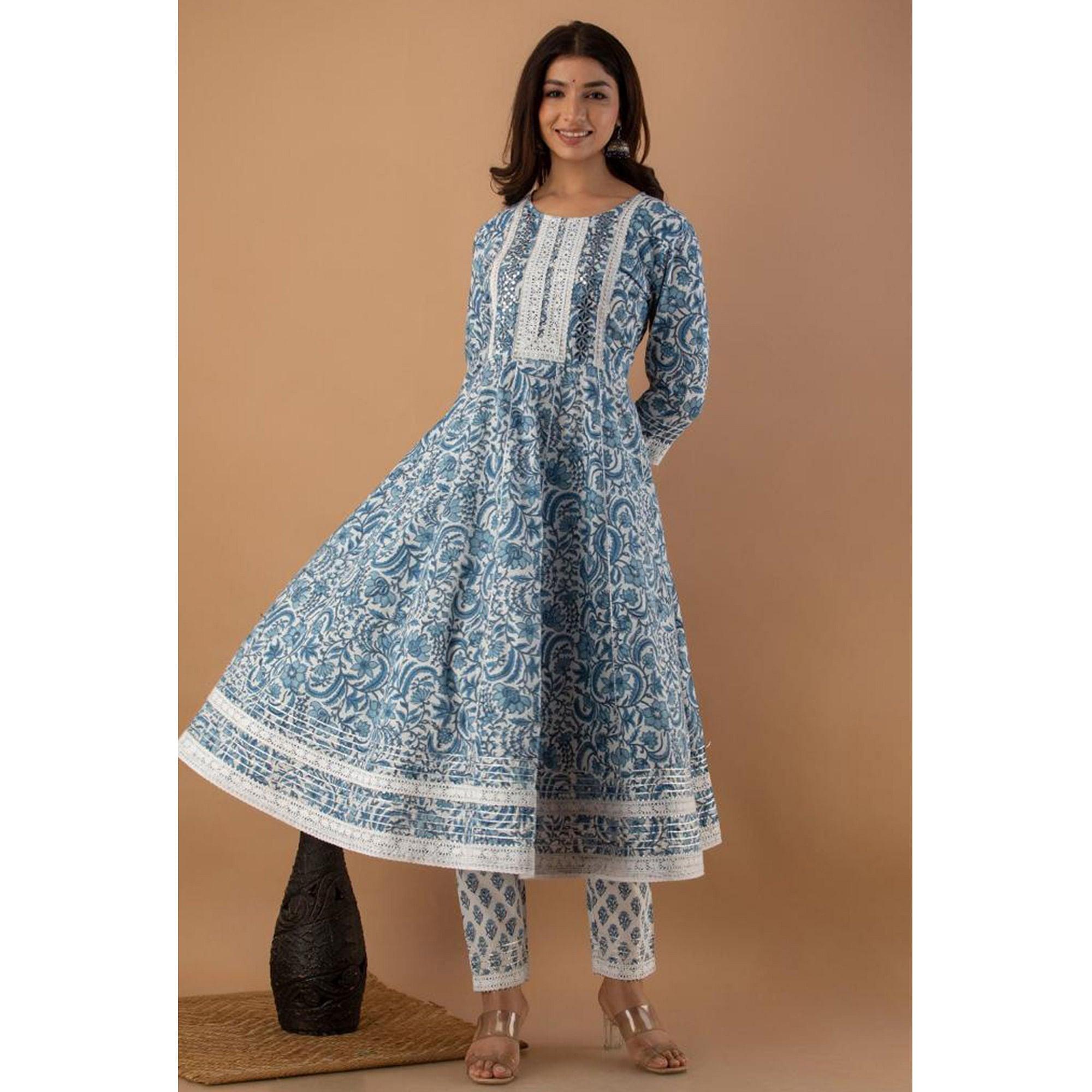 White-Blue Floral Printed Cotton Anarkali Suit - Peachmode