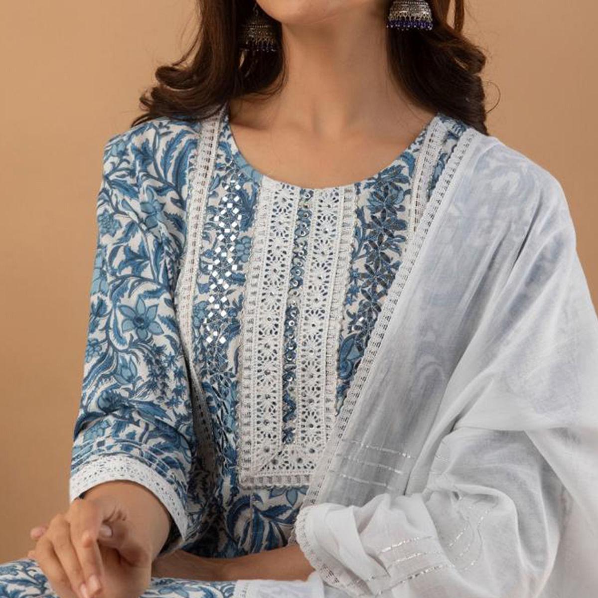 White-Blue Floral Printed Cotton Anarkali Suit - Peachmode
