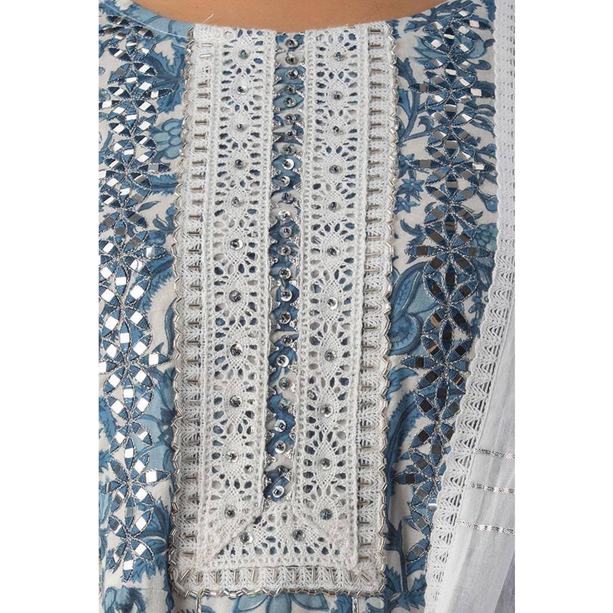White-Blue Floral Printed Cotton Anarkali Suit - Peachmode
