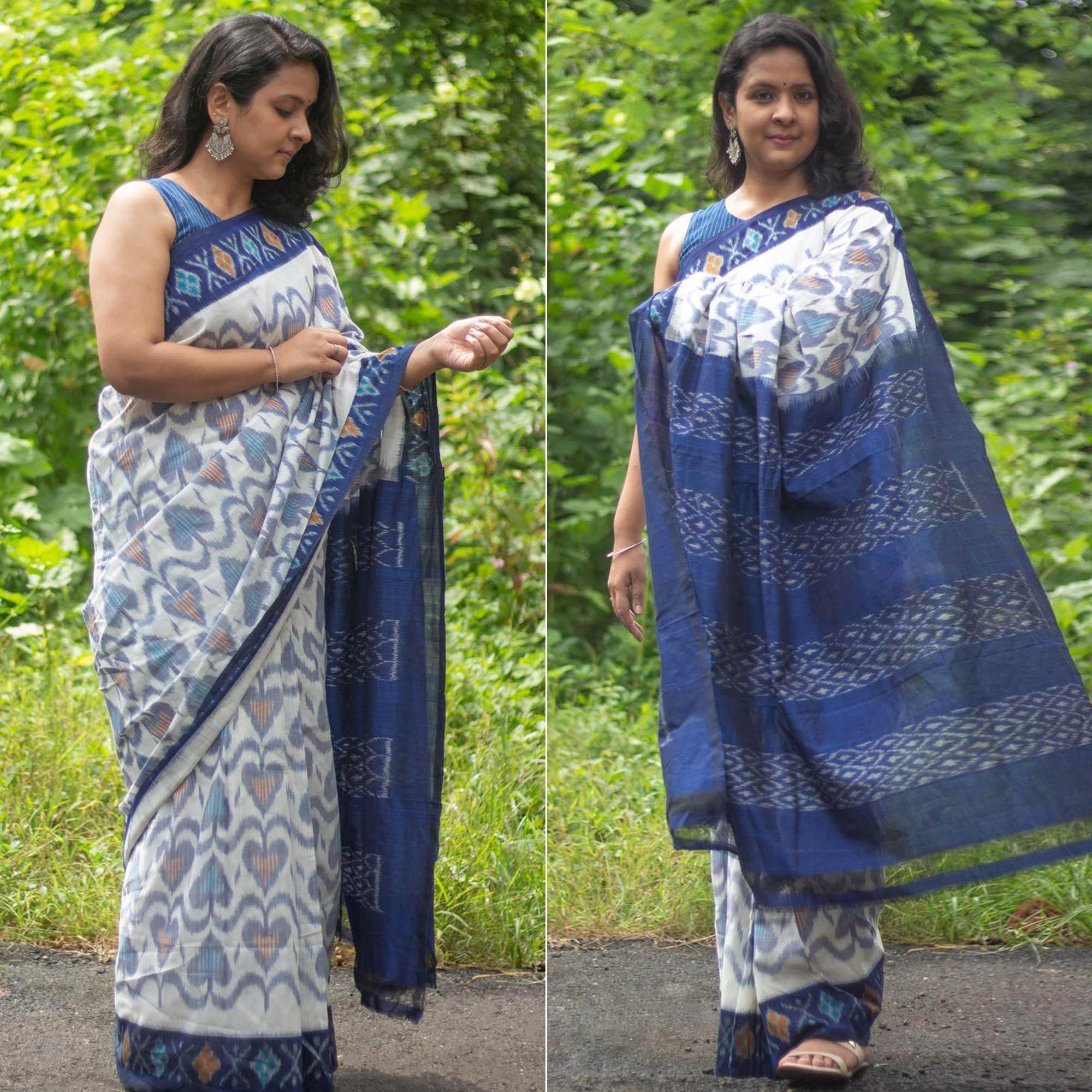 White-Blue Ikkat Printed Linen Saree - Peachmode