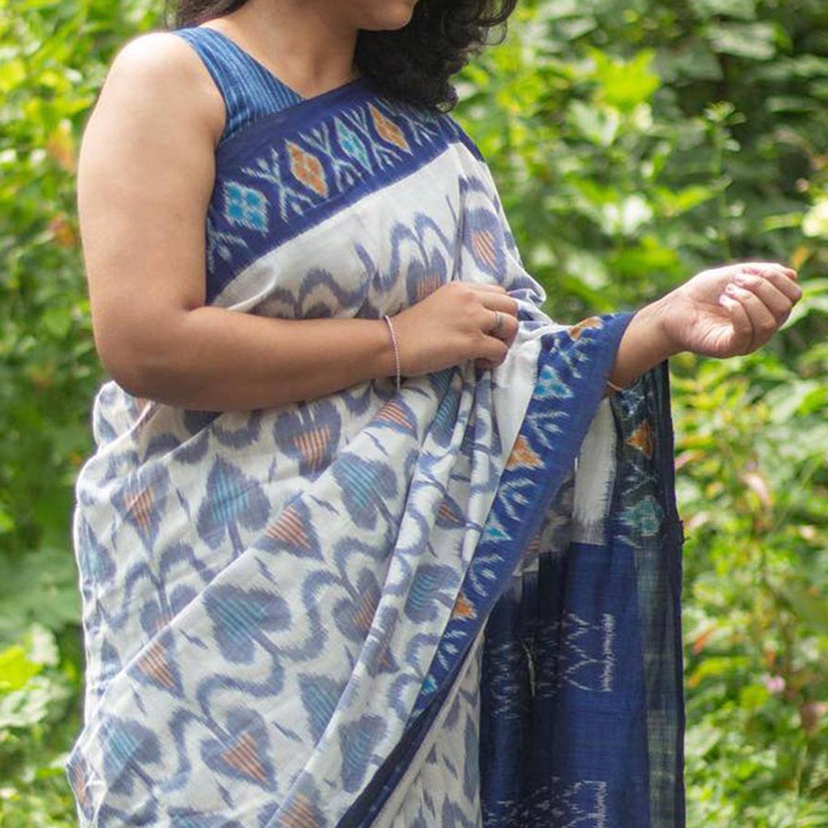 White-Blue Ikkat Printed Linen Saree - Peachmode