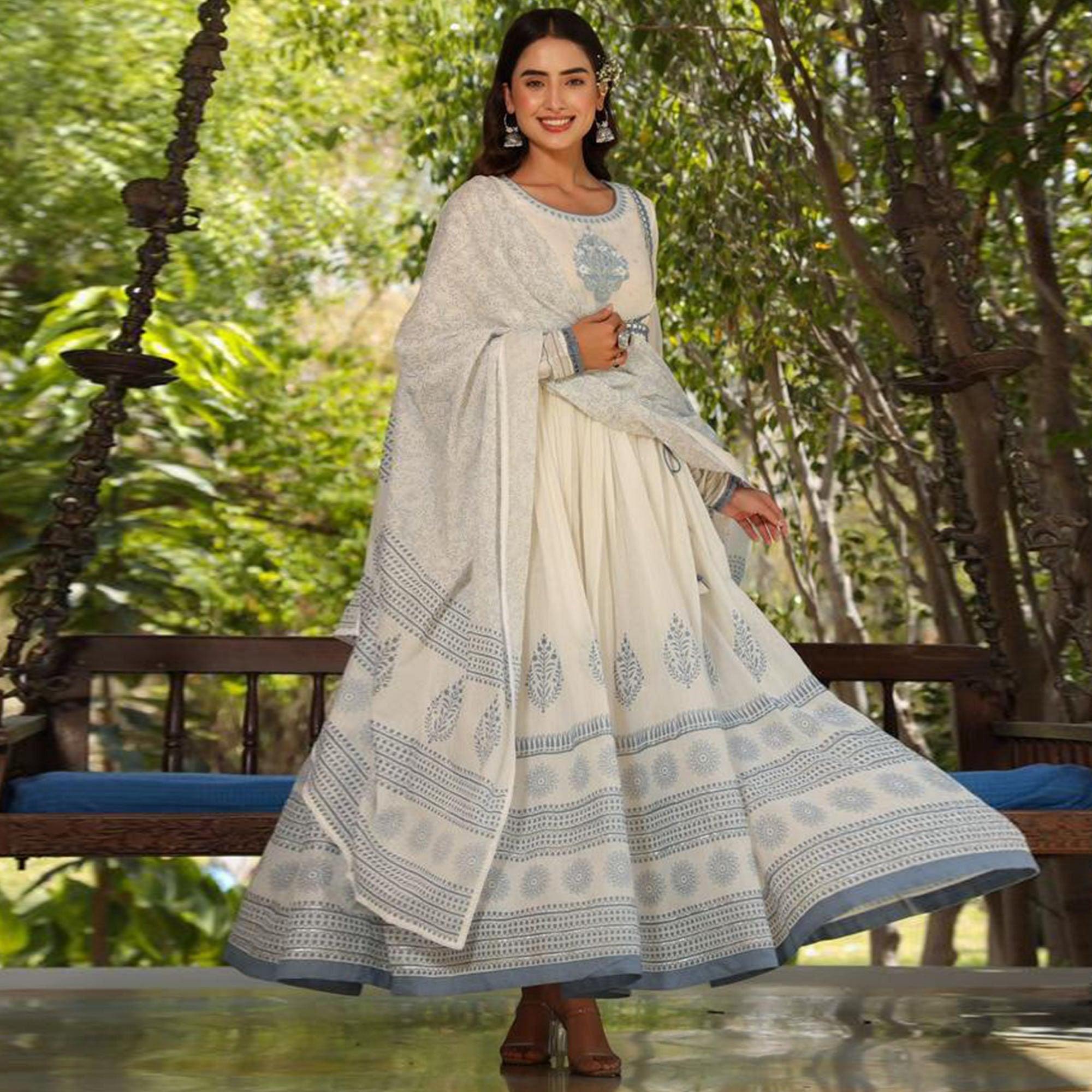White-Blue Partywear Printed Cotton Anarkali Suit - Peachmode