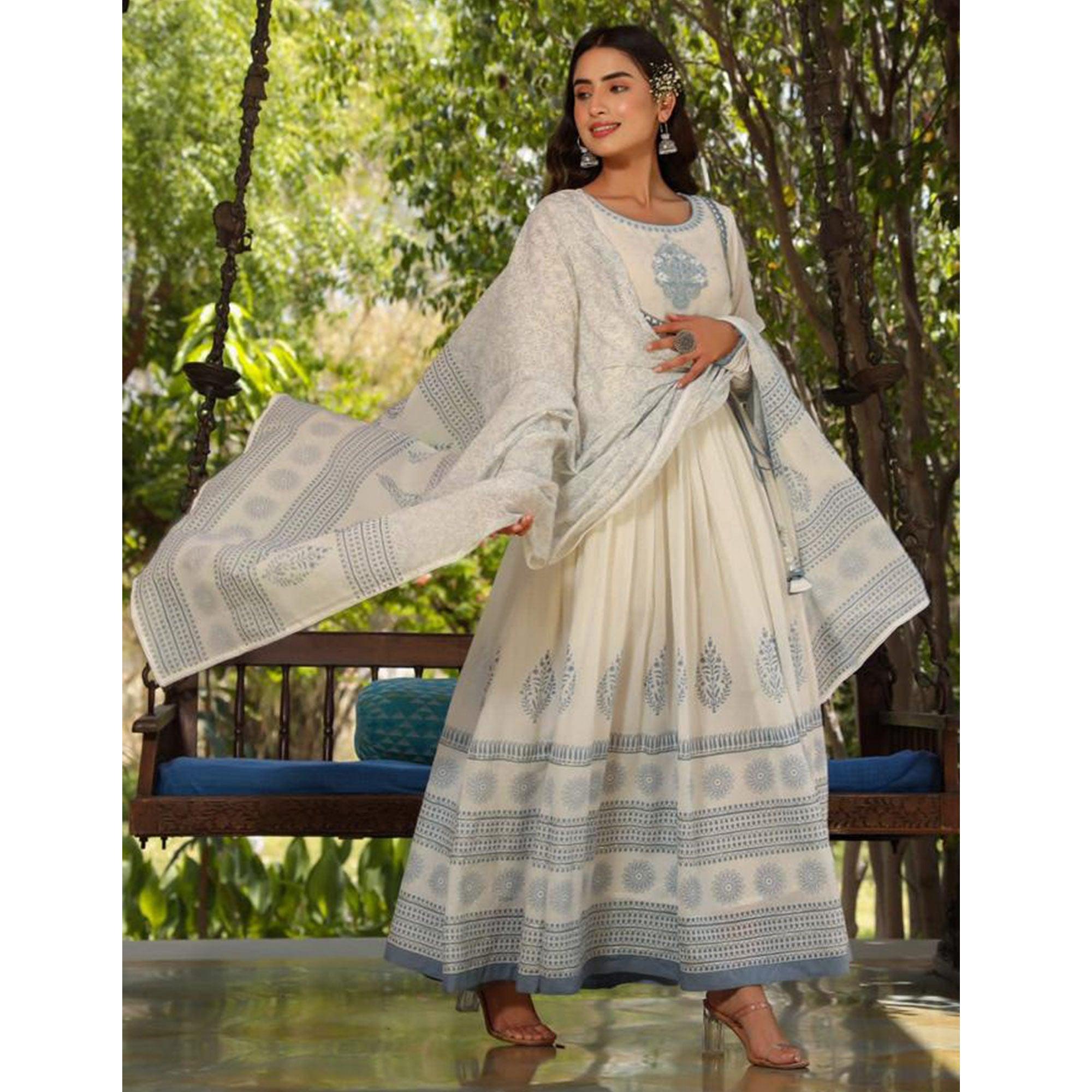 White-Blue Partywear Printed Cotton Anarkali Suit - Peachmode