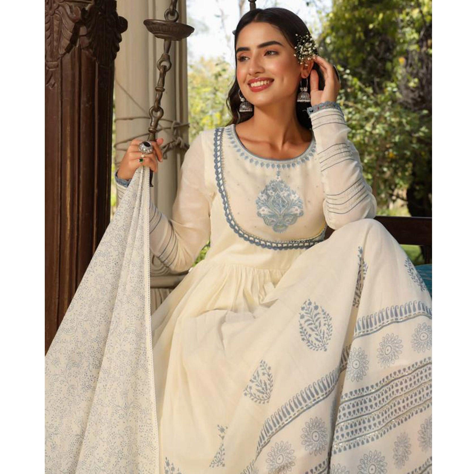 White-Blue Partywear Printed Cotton Anarkali Suit - Peachmode