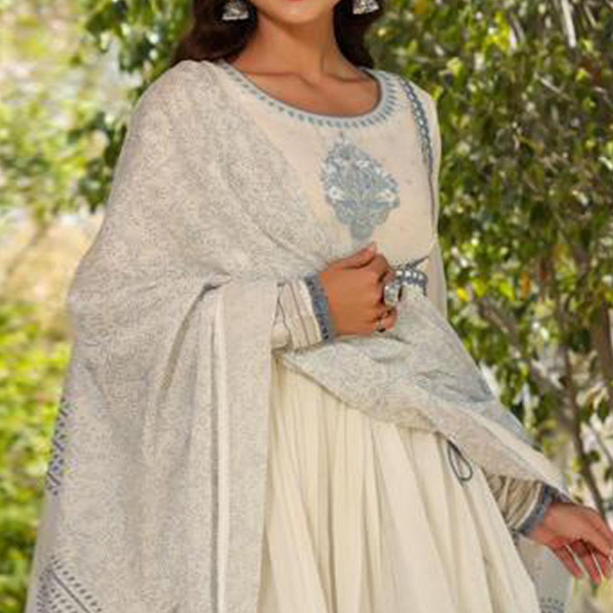 White-Blue Partywear Printed Cotton Anarkali Suit - Peachmode