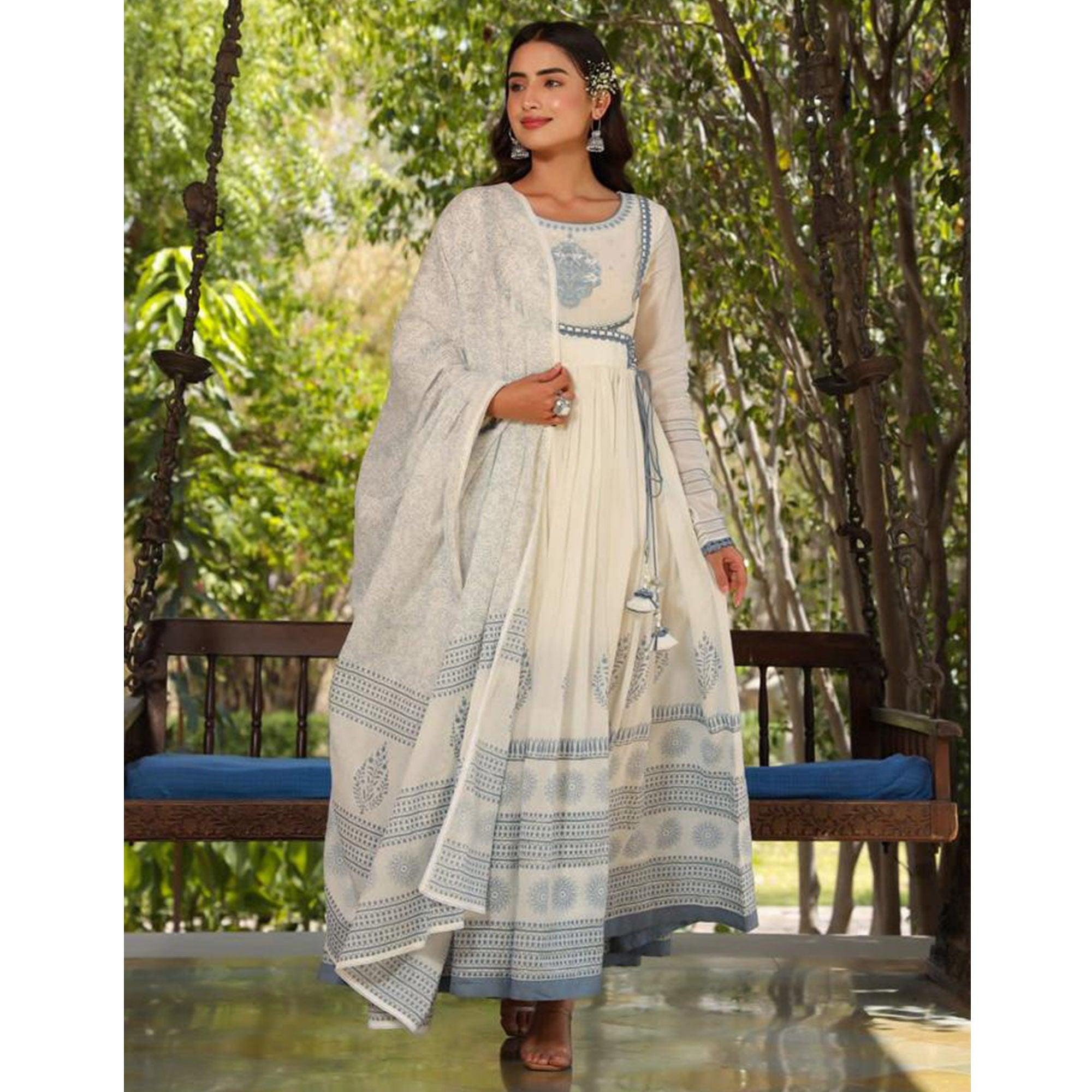 White-Blue Partywear Printed Cotton Anarkali Suit - Peachmode