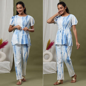 White-Blue Printed Pure Cotton Night Suit - Peachmode
