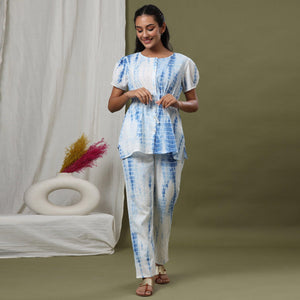 White-Blue Printed Pure Cotton Night Suit - Peachmode