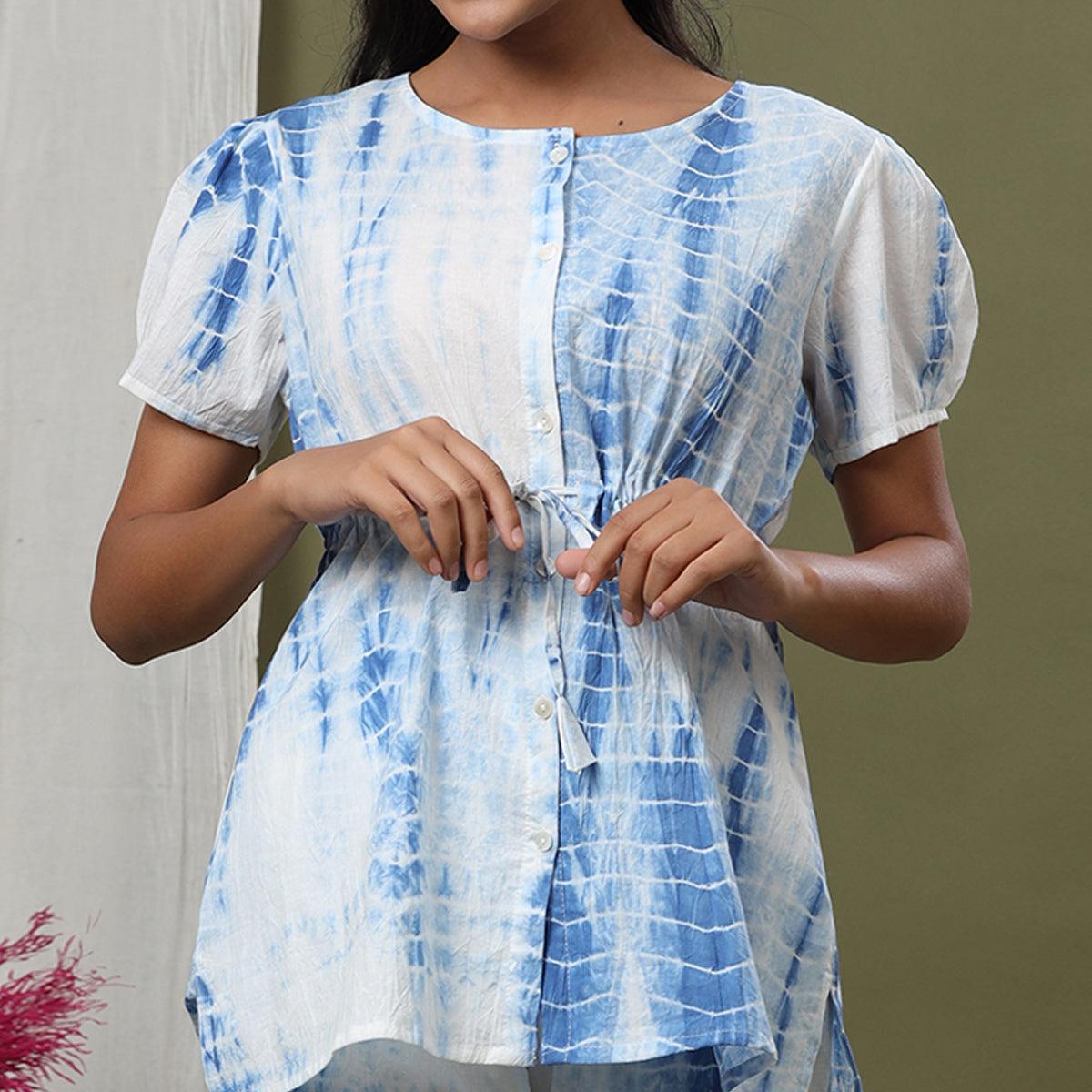 White-Blue Printed Pure Cotton Night Suit - Peachmode