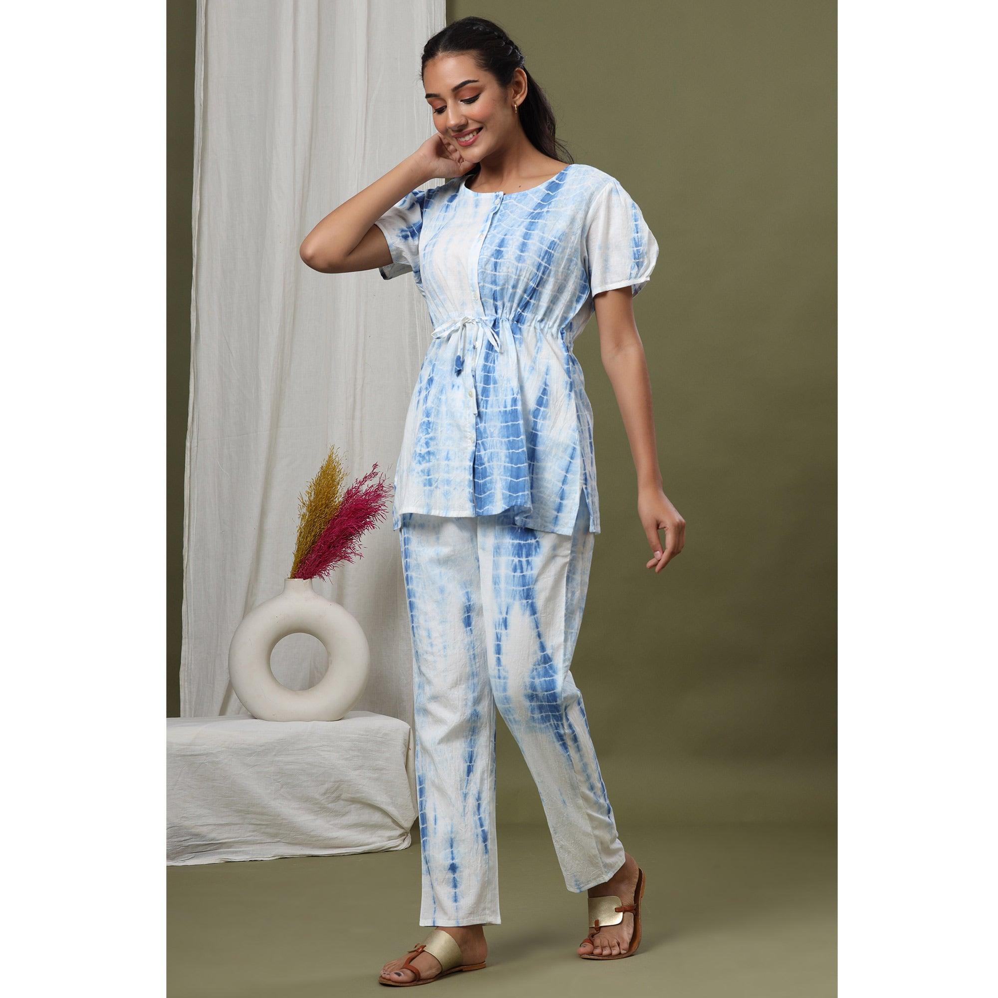 White-Blue Printed Pure Cotton Night Suit - Peachmode