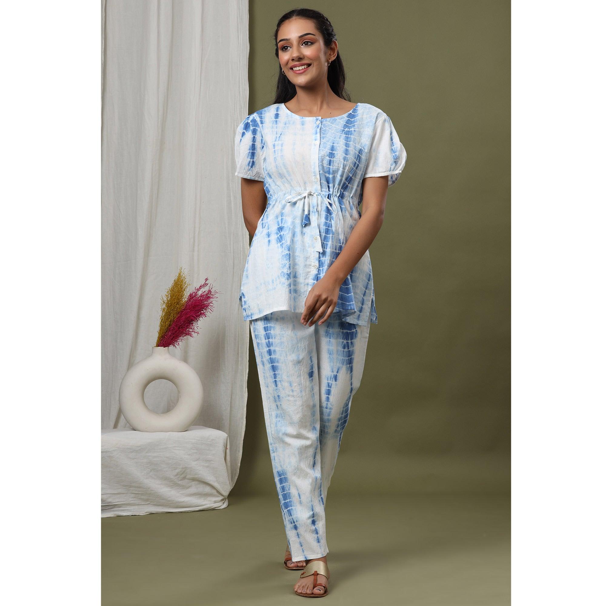 White-Blue Printed Pure Cotton Night Suit - Peachmode