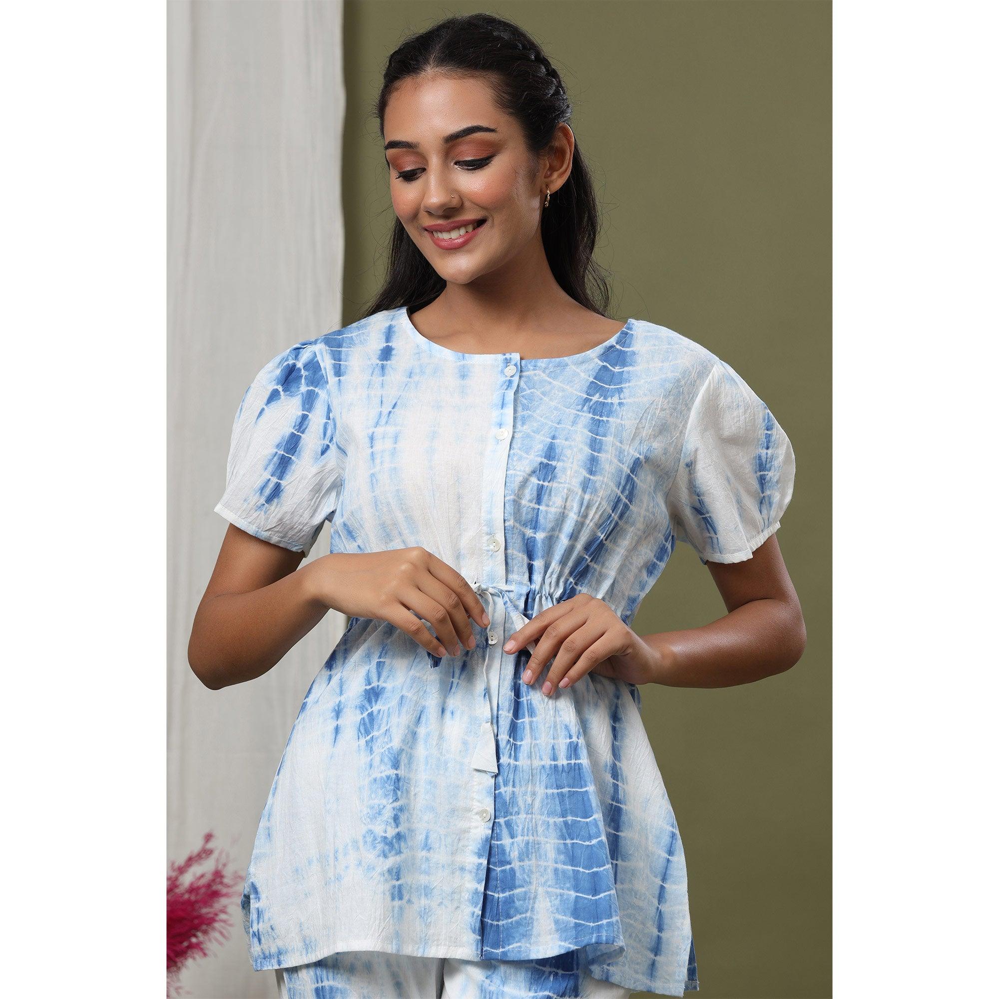 White-Blue Printed Pure Cotton Night Suit - Peachmode