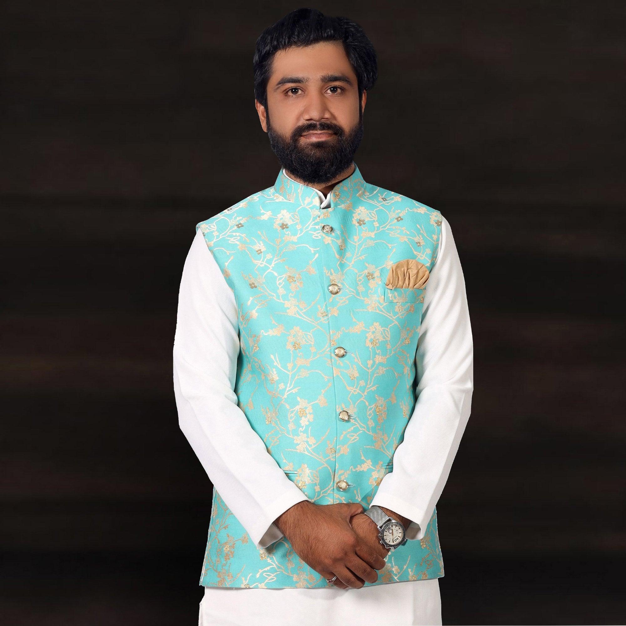 White-Blue Woven Pure Cotton Kurta Pyjama Set With Modi Jacket - Peachmode
